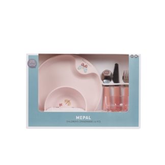 Mepal Mio set za jelo u svetlo roze boji sa 6 delova: tanjir, činija, čaša i pribor za jelo, sa veselim ilustracijama Cveća i leptira. Savršen za prve samostalne obroke i porodične večere.